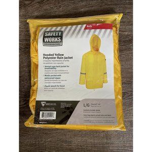 Safety Works Professional Hooded Yellow Polyester Rain Jacket - Large